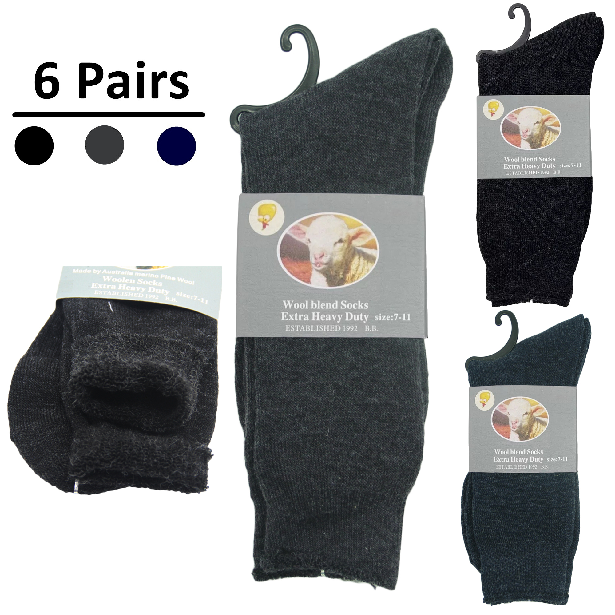 6 Pairs Thick Merino Wool Work Tough Heavy Duty Socks Warm Thermal Hiking Camp