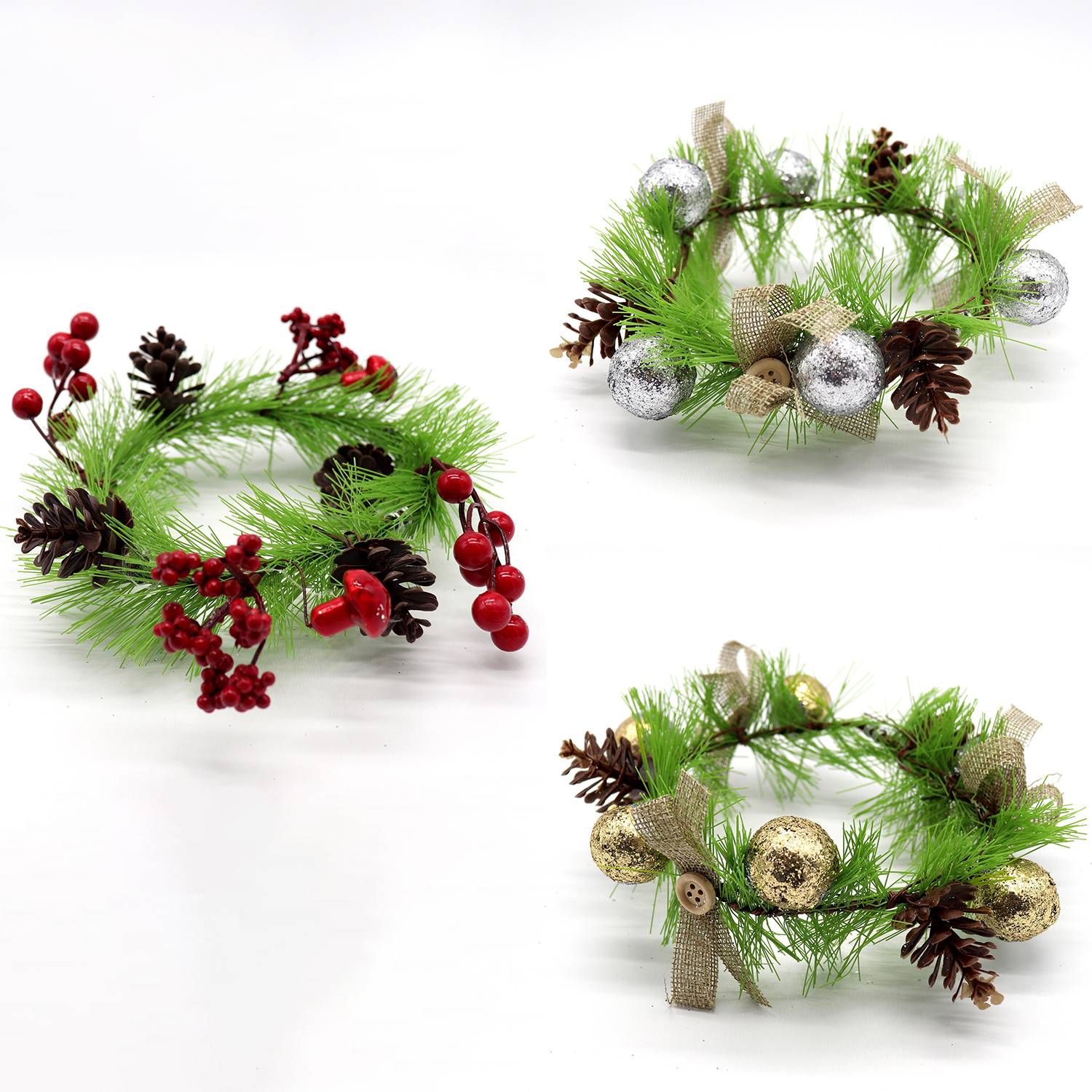 3x 14cm Christmas Red Berry Candle Wreath Glitter Balls Pine Cones Table Décor