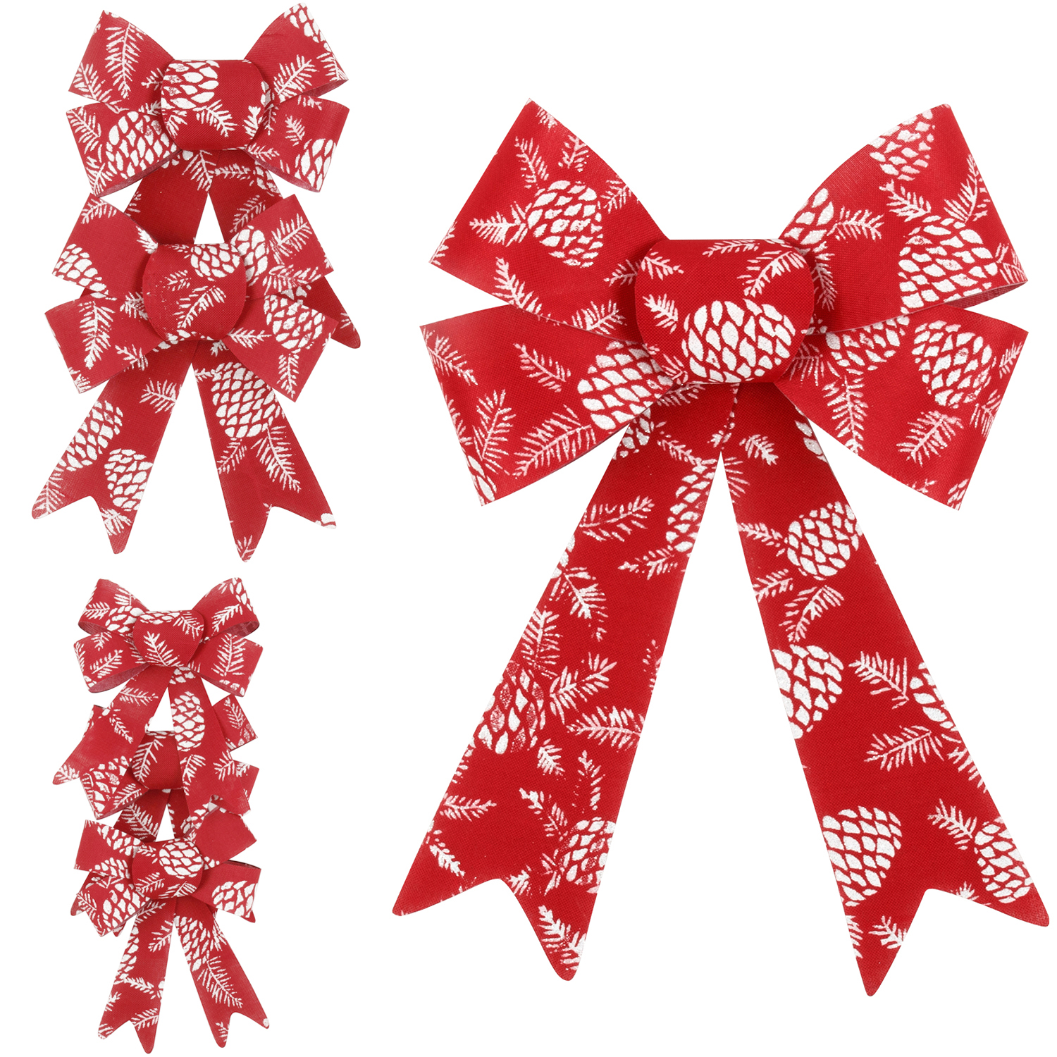 2-6 Christmas Red Bow w Glitter Pine Cone Prints Knot Door Wreath Xmas Décor