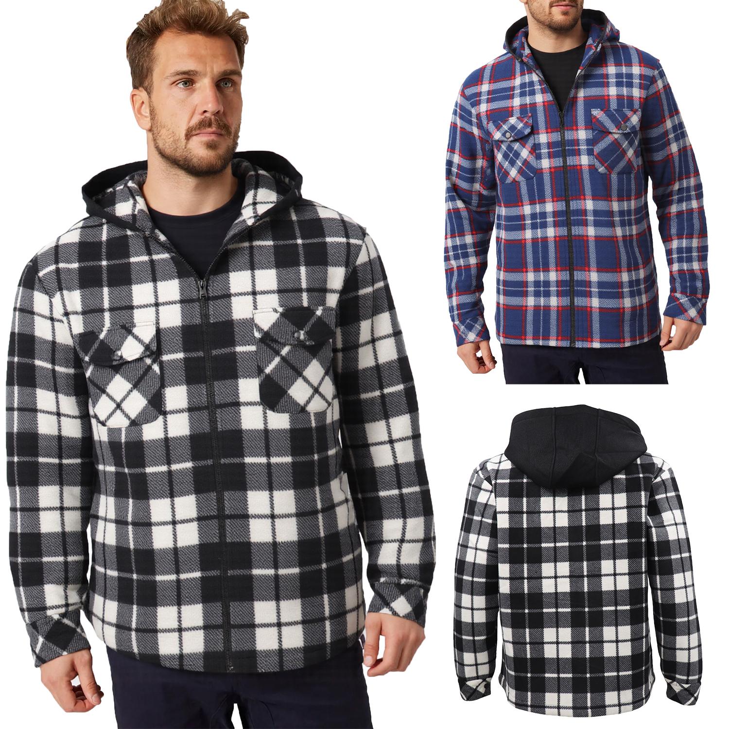 Men's Hooded Flannel Jacket Flannelette Plaid Fleece Shirt Zip Up Winter Coat